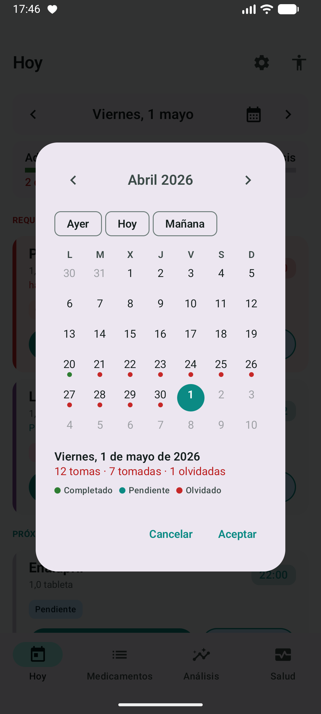 Calendario de tomas y adherencia